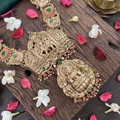 Vriksham Temple Lakshmi Nakshi Pendant With Peacock Floral 1 gm Gold Neckpiece-Red Green-G18930