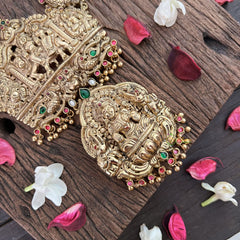 Vriksham Temple Lakshmi Nakshi Pendant With Peacock Floral 1 gm Gold Neckpiece-Red Green-G18930