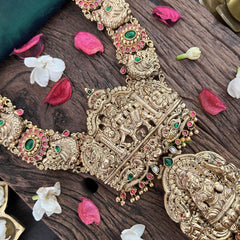 Vriksham Temple Lakshmi Nakshi Pendant With Peacock Floral 1 gm Gold Neckpiece-Red Green-G18930