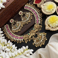 Vriksham Dual Peacock & Concert Pendant Style Short Neckpiece-Gold Bead-G20542