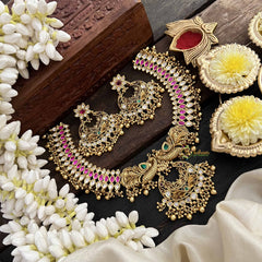 Vriksham Dual Peacock & Concert Pendant Style Short Neckpiece-Gold Bead-G20542