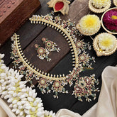 Vriksham Antique Floral & Peacock Guttapusalu Long Neckpiece-Green Bead & Rice Pearl-G20544