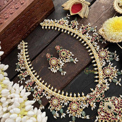 Vriksham Antique Floral & Peacock Guttapusalu Long Neckpiece-Green Bead & Rice Pearl-G20544