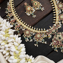 Vriksham Antique Floral & Peacock Guttapusalu Long Neckpiece-Green Bead & Rice Pearl-G20544