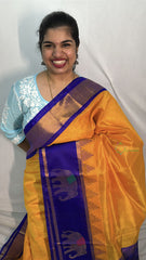 Vriksham Yellow With Blue Gold Elephant Border Silk Cotton Saree-VS4636