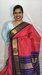 Vriksham Double Shade Pink With Blue Gold Zari Border Silk Cotton Saree-VS4637