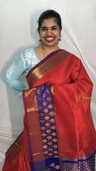 Vriksham Red & Floral Designs Blue Broader Silk Cotton Saree-VS4648