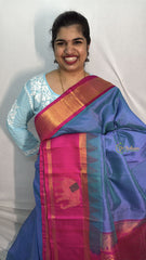 Vriksham Double Shaded Sky Blue & Elephants Designs Pink Broader Silk Cotton Saree-VS4647