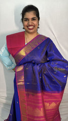 Vriksham Blue With Golden Buttis Pink Border Silk Cotton Saree-VS4644