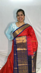 Vriksham Red & Peacock Designs Blue Broader Silk Cotton Saree-VS4646