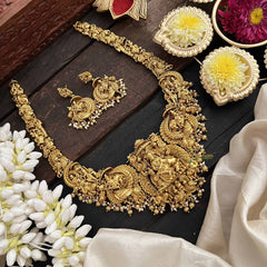 Vriksham Traditional Kamdhenu & Krishna Idol Gold Toned Long Neckpiece-Gold Bead-Pearls-G20550