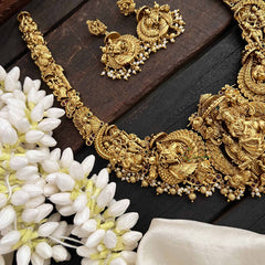 Vriksham Traditional Kamdhenu & Krishna Idol Gold Toned Long Neckpiece-Gold Bead-Pearls-G20550