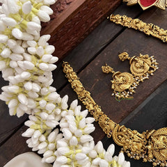 Vriksham Traditional Kamdhenu & Krishna Idol Gold Toned Long Neckpiece-Gold Bead-Pearls-G20550