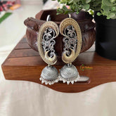 Vriksham Dual-Tone Oxidized Silver and Gold Peacock Ear-Line Jhumkas Earcuff Earrings-White-S1116