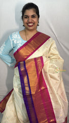 Vriksham White With Pink Gold Zari Purple Border Silk Cotton Saree-VS4638