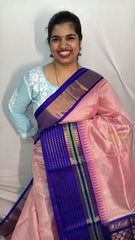 Vriksham Baby Pink With Golden Floral Buttis Designs Blue Border Silk Cotton Saree-VS4641