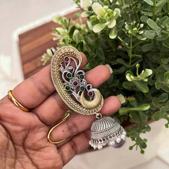 Vriksham Dual-Tone Oxidized Silver and Gold Peacock Ear-Line Jhumkas Earcuff Earrings-Red Green-S1117