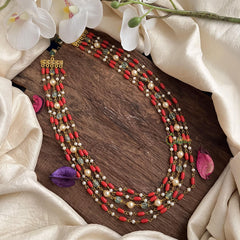 Layered Coral Pearl Aqua Green Bead Maala Neckpiece-G14976