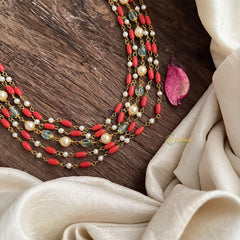 Layered Coral Pearl Aqua Green Bead Maala Neckpiece-G14976