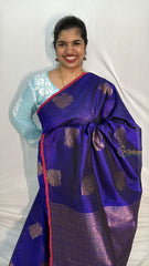 Vriksham Blue With Gold Zari Peacock Designs Pink Border Silk Cotton Saree-VS4639