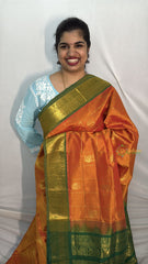 Vriksham Orange & Green Border With Peacock Motifs Silk Cotton Saree-VS4632