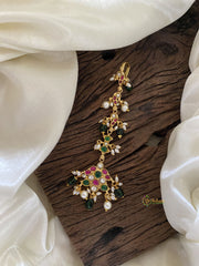 Red Green Traditional Precious Kundan Jadau Maang Tikka -Floral-Green Bead and Pearls - J2024
