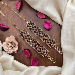 Vriksham Antique Gold Trio Leaf Teardrop Kemp Ear Maatil-Red Green-G19958