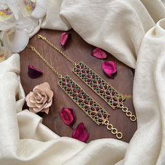 Vriksham Antique Gold Trio Leaf Teardrop Kemp Ear Maatil-Red Green-G19958