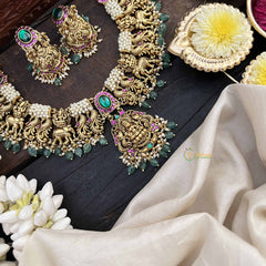 Vriksham Premium Gold-Plated Lakshmi Pearl Coted Short Neckpiece-Red Green-Green Bead-G20536