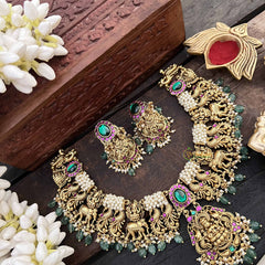 Vriksham Premium Gold-Plated Lakshmi Pearl Coted Short Neckpiece-Red Green-Green Bead-G20536