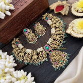 Vriksham Premium Gold-Plated Lakshmi Pearl Coted Short Neckpiece-Red Green-Green Bead-G20536