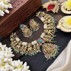 Vriksham Premium Gold-Plated Lakshmi Pearl Coted Short Neckpiece-Red Green-Green Bead-G20536