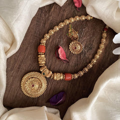 Golden Polish Beaded with Floral Pendant Mala-G15052