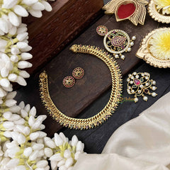 Vriksham Antique Jalebi Gold-Plated Removable Pendant With Peacock Pendant Hasli Choker-Red Green & White-Pearls-G20534