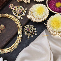 Vriksham Antique Jalebi Gold-Plated Removable Pendant With Peacock Pendant Hasli Choker-Red Green & White-Pearls-G20534