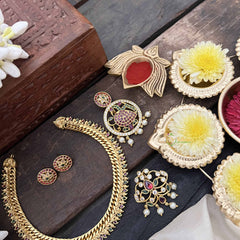 Vriksham Antique Jalebi Gold-Plated Removable Pendant With Peacock Pendant Hasli Choker-Red Green & White-Pearls-G20534