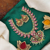 Floral Pendant With Maanga Style Short Necklace-Green Bead-Vriksham-G22515