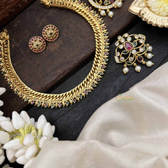 Vriksham Antique Jalebi Gold-Plated Removable Pendant With Peacock Pendant Hasli Choker-Red Green & White-Pearls-G20534