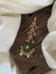 Green Precious Kundan Jadau Maang Tikka - Floral-Green Bead and Pearls - J2029
