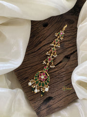 Precious Kundan Jadau Maang Tikka -Half Moon Floral-Green Bead and Pearls - J2032