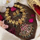 Elegant Jadau Kundan Pendant Neckpiece-Aqua Green Beads-Pearl-J2253