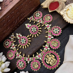 Vriksham Classic Gold-Plated Lakshmi Coin Guttapusalu Short Neckpiece-Red White-J3932