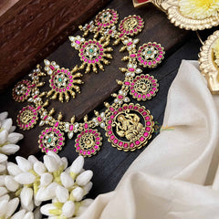 Vriksham Classic Gold-Plated Lakshmi Coin Guttapusalu Short Neckpiece-Red White-J3932