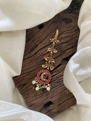 Gold Alike Elevated Red - White Peacock With Green - Red Kili and Mini Pearls and Beads Shringar Patti - J2053