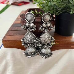 Vriksham Heart-Shaped Tiered Oxidized Silver Tribal Dangles & Ghungroo Beads Earrings-S1129
