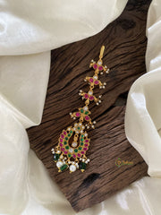 Red Green Intricate Kudan Jadau Dual Peacock Maang Tikli with Mini Pearls - J1998