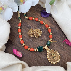 Premium Beaded Lakshmi Pendant Mala-Coral-Green Bead-G15037