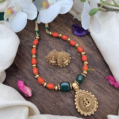 Premium Beaded Lakshmi Pendant Mala-Coral-Green Bead-G15037