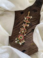 Red White Green Precious Kundan Jadau Maang Tikka -Floral-Green Bead and Pearls - J2034