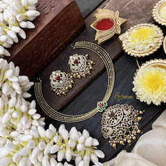 Vriksham Dual Peacock Gold-Plated With AD Stone Pendant Hasli Choker-Red Green-Gold Bead-G20530